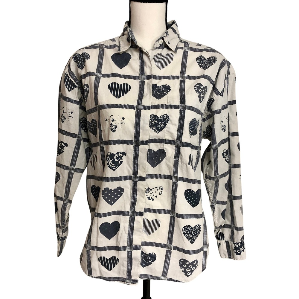 Oversized Early 90s Vintage White and Navy Blue Hearts Button Down‎ - Modern L
